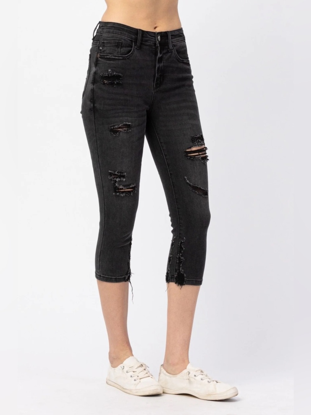 Judy Blue High Waited Black Distressed Skinny Fit Capri Size 13 31